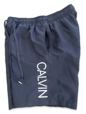 Calvin Klein Navy Blue Swim Trunks Elastic Drawstring Shorts Mens Small